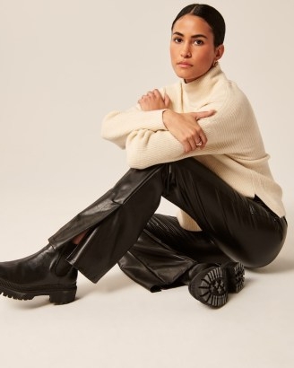 Abercrombie & Fitch Split-Hem Vegan Leather Slim Flare Pants in black – womens luxe style slit leg flared trousers