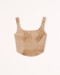 Abercrombie & Fitch Vegan Leather Corset Scoopneck Top in Camel ~ light brown sleeveless fitted bodice tops ~ curved hem ~ faux leather fashion