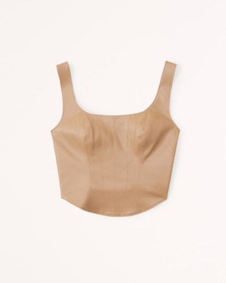 Abercrombie & Fitch Vegan Leather Corset Scoopneck Top in Camel ~ light brown sleeveless fitted bodice tops ~ curved hem ~ faux leather fashion
