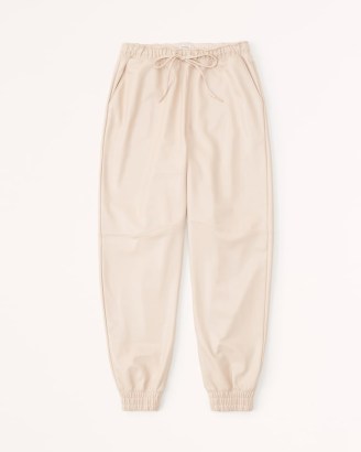 Abercrombie & Fitch Vegan Leather Sunday Joggers in Cream ~ sports luxe fashion ~ women’s faux leather jogging bottoms