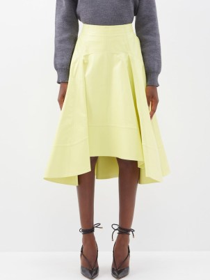 BOTTEGA VENETA Asymmetric-hem leather midi skirt in yellow ~ lemon high low hemline skirts ~ matchesfashion