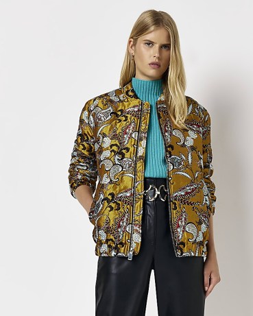 RIVER ISLAND YELLOW JACQUARD FLORAL BOMBER JACKET / women’s casual on-trend zip up jackets - flipped