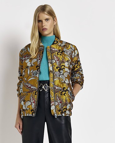 RIVER ISLAND YELLOW JACQUARD FLORAL BOMBER JACKET / women’s casual on-trend zip up jackets
