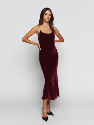 Reformation Ady Dress in Chianti Velvet | luxe spaghetti chain shoulder strap party dresses | jewel tones - flipped