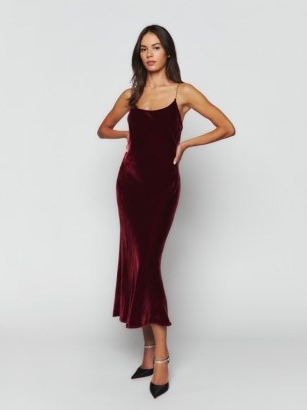 Reformation Ady Dress in Chianti Velvet | luxe spaghetti chain shoulder strap party dresses | jewel tones