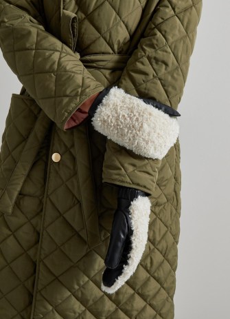 L.K. BENNETT Aleah Black Leather and Cream Bouclé Mittens / women’s fluffy textured mitten gloves / womens winter accessories - flipped