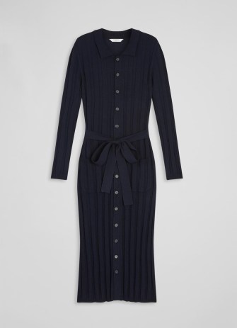 L.K. BENNETT Ali Navy Wool-Cotton Ribbed Knit Dress ~ dark blue long sleeve knitted dresses ~ tie waist belt - flipped