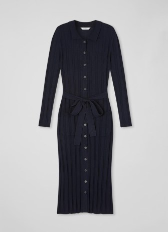 L.K. BENNETT Ali Navy Wool-Cotton Ribbed Knit Dress ~ dark blue long sleeve knitted dresses ~ tie waist belt
