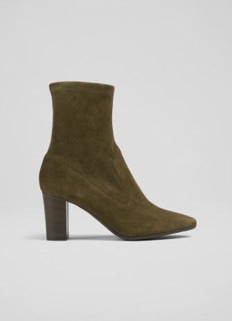L.K. BENNETT Alice Olive Stretch Suede Ankle Boots ~ dark green block heel boot ~ autumn footwear ~ winter colours ~ almond toe - flipped