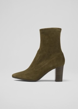 L.K. BENNETT Alice Olive Stretch Suede Ankle Boots ~ dark green block heel boot ~ autumn footwear ~ winter colours ~ almond toe