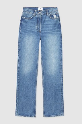 ANINE BING KAT JEAN in AQUA BLUE | women’s ultra high rise straight leg jeans | fits at the hips straightens out at the thigh | womens 90s inspired rigid denim fashion - flipped