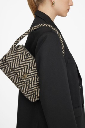 ANINE BING NICO BAG in Cream And Black Fishbone | 90s inspired shoulder bags | baguette shaped handbags - flipped