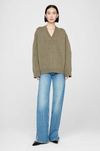 ANINE BING ROSIE V NECK SWEATER in OLIVE | women’s green boxy, oversized cashmere sweaters | womens slouchy knits | drop shoulder jumpers