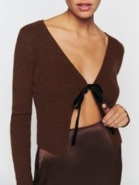 Reformation Antoinette Cashmere Tie Front Cardigan in Americano | dark brown fitted crop hem cardigans | women’s cropped knitwear