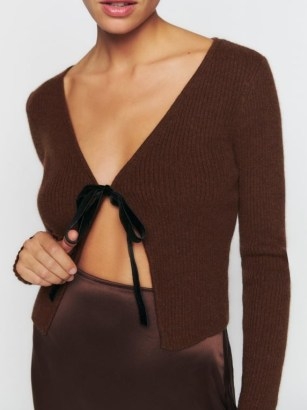 Reformation Antoinette Cashmere Tie Front Cardigan in Americano | dark brown fitted crop hem cardigans | women’s cropped knitwear - flipped