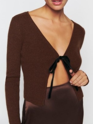 Reformation Antoinette Cashmere Tie Front Cardigan in Americano | dark brown fitted crop hem cardigans | women’s cropped knitwear