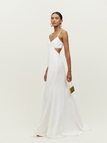 Reformation Astor Dress in Ivory – spaghetti strap cut out detail maxi dresses – strappy occasion fashion – empire waist – skinny shoulder straps – evening elegance - flipped