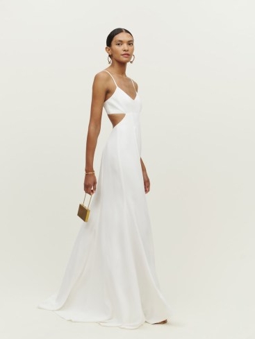 Reformation Astor Dress in Ivory – spaghetti strap cut out detail maxi dresses – strappy occasion fashion – empire waist – skinny shoulder straps – evening elegance