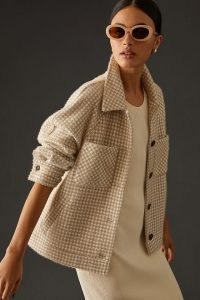 Greylin Knit Shirt Jacket in Taupe / women’s neutral checked shackets / womens casual check print overshirt jackets / chic weekend look / anthropologie fashion