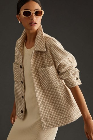 Greylin Knit Shirt Jacket in Taupe / women’s neutral checked shackets / womens casual check print overshirt jackets / chic weekend look / anthropologie fashion - flipped