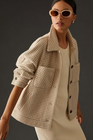Greylin Knit Shirt Jacket in Taupe / women’s neutral checked shackets / womens casual check print overshirt jackets / chic weekend look / anthropologie fashion