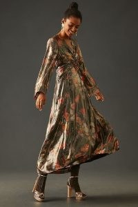 Caballero Deep V-Neck Maxi Dress in Brown Motif / silky floral metallic fibre dresses / anthropologie occasion clothes