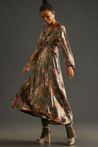 Caballero Deep V-Neck Maxi Dress in Brown Motif / silky floral metallic fibre dresses / anthropologie occasion clothes - flipped