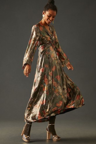 Caballero Deep V-Neck Maxi Dress in Brown Motif / silky floral metallic fibre dresses / anthropologie occasion clothes