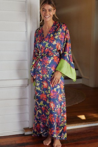By Anthropologie Printed Silk Robe Blue Motif / floral wide sleeve maxi robes / silky long length tie waist kimonos - flipped