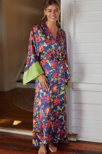 By Anthropologie Printed Silk Robe Blue Motif / floral wide sleeve maxi robes / silky long length tie waist kimonos