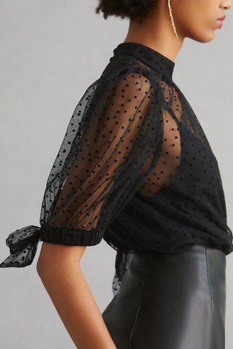 By Anthropologie Sheer Tulle Blouse in Black / feminine see-through spot print evening blouses / tie sleeve / high neck / - flipped