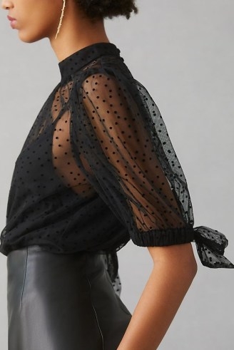 By Anthropologie Sheer Tulle Blouse in Black / feminine see-through spot print evening blouses / tie sleeve / high neck /