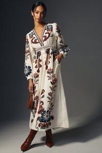 Farm x Anthropologie V-Neck Maxi Dress Neutral Motif / bohemian long sleeve floral print dresses / cotton boho fashion / farm rio