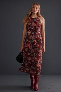Anthropologie Audrey Printed Cut-Out Midi Dress in red – sleeveless floral side cutout dresses