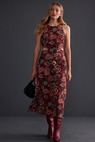 Anthropologie Audrey Printed Cut-Out Midi Dress in red – sleeveless floral side cutout dresses