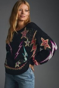Pilcro Sparkle-Star Pullover Jumper in Black Motif | women’s metallic fibre knits | womens jumpers with sparkly stars | sloucht scoop neck pullovers