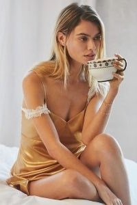 By Anthropologie Satin Slip Dress in Gold | luxe style sleepwear | silky cami strap nighties