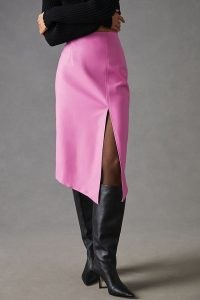 Maeve Faux Leather Midi Skirt in Pink | asymmetric hemline skirts | thigh high slit hem