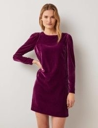 Boden Back Detail Velvet Mini Dress Mulled Wine – long sleeve open back party dresses – womens jewel tone evening fashion