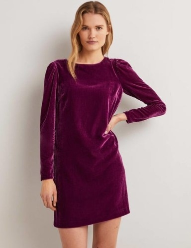 Boden Back Detail Velvet Mini Dress Mulled Wine – long sleeve open back party dresses – womens jewel tone evening fashion - flipped