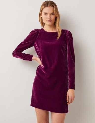 Boden Back Detail Velvet Mini Dress Mulled Wine – long sleeve open back party dresses – womens jewel tone evening fashion