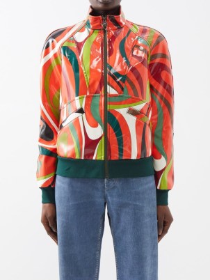 PUCCI Marmo-print patent faux-leather jacket | women’s vibrant glossy printed jackets | retro inspired fashion | vintage style prints and colours