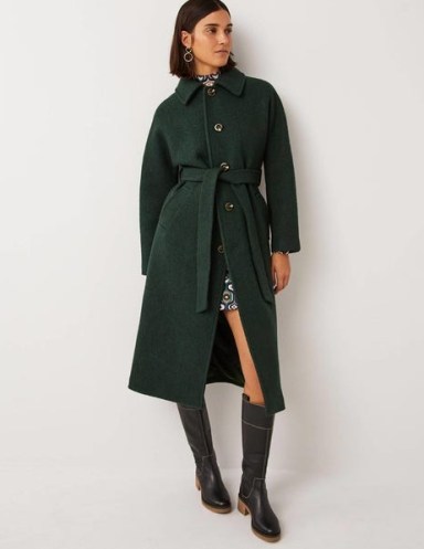 Boden Belted Textured Wool Maxi Coat in Albete / women’s dark green tie waist winter coats - flipped