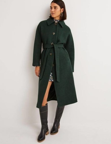 Boden Belted Textured Wool Maxi Coat in Albete / women’s dark green tie waist winter coats