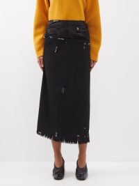 MARNI Asymmetric beaded wool and satin midi skirt in black ~ contemporary frayed hem skirts ~ asymmetrical fashion