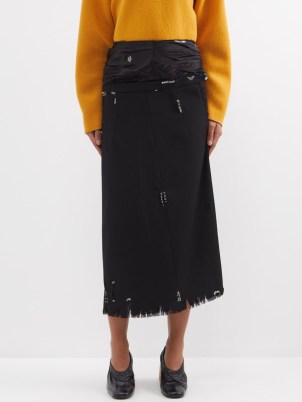 MARNI Asymmetric beaded wool and satin midi skirt in black ~ contemporary frayed hem skirts ~ asymmetrical fashion - flipped