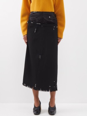 MARNI Asymmetric beaded wool and satin midi skirt in black ~ contemporary frayed hem skirts ~ asymmetrical fashion