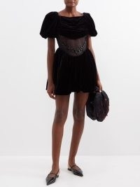 SIMONE ROCHA Beaded organza-waist velvet mini dress in black ~ sheer waist detail dresses ~ romantic fashion with volume ~ puff sleeved clothes ~ romance inspired LBD
