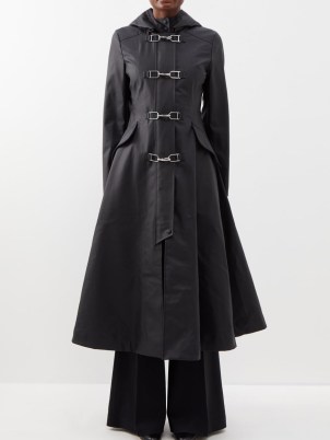 GABRIELA HEARST Coleman pleated hooded raincoat in black ~ women’s fit and flare longline coats ~ flared hem raincoats ~ matchesfashion