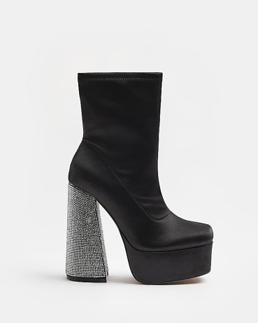 River Island BLACK EMBELLISHED PLATFORM HEELED BOOTS | women’s glamorous retro inspired footwear | 70s glam | vintage style block heel platforms - flipped